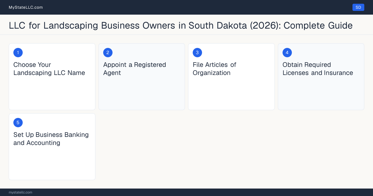 Step diagram for forming a professional LLC for Landscaping Business Owners in South Dakota, showing each formation step and the state licensing requirement.