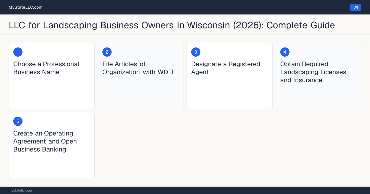 Step diagram for forming a professional LLC for Landscaping Business Owners in Wisconsin, showing each formation step and the state licensing requirement.