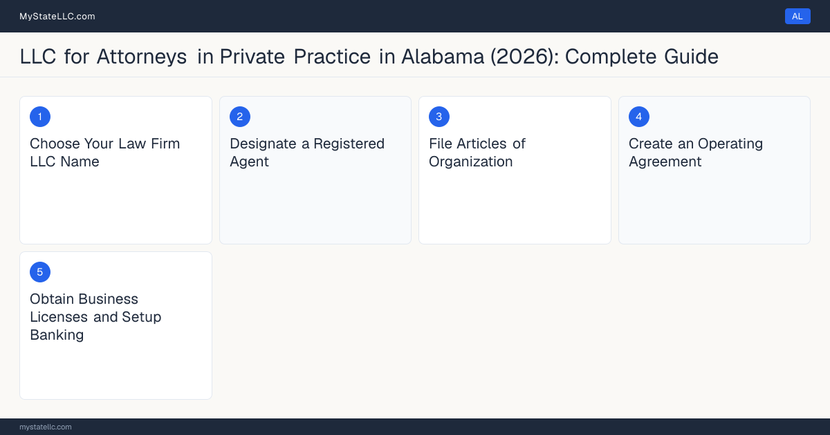 Step diagram for forming a professional LLC for Attorneys in Private Practice in Alabama, showing each formation step and the Alabama Law License (Bar Admission) the state requires first.