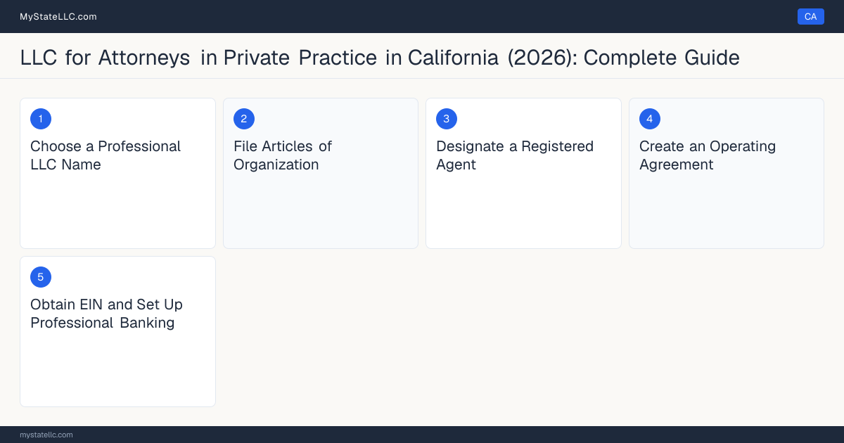 Step diagram for forming a professional LLC for Attorneys in Private Practice in California, showing each formation step and the California Law License (Bar Admission) the state requires first.
