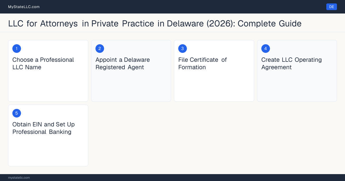 Step diagram for forming a professional LLC for Attorneys in Private Practice in Delaware, showing each formation step and the Delaware Bar License (Bar Admission) the state requires first.