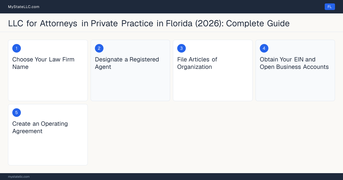 Step diagram for forming a professional LLC for Attorneys in Private Practice in Florida, showing each formation step and the Florida Bar License (Bar Admission) the state requires first.