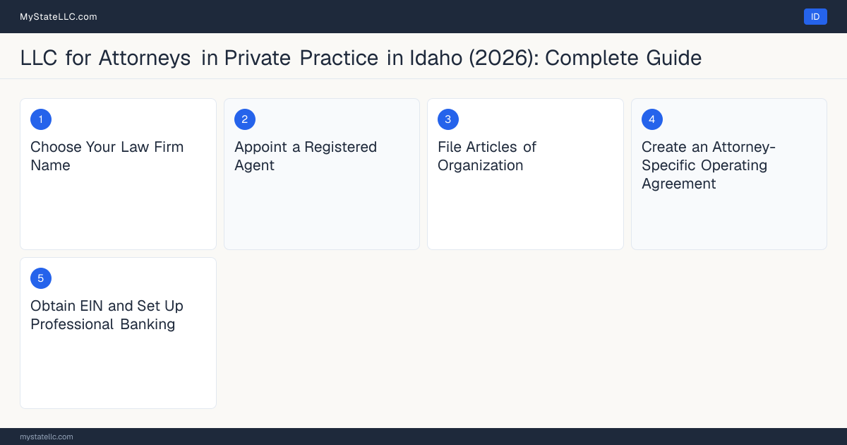 Step diagram for forming a professional LLC for Attorneys in Private Practice in Idaho, showing each formation step and the Idaho Bar License (Bar Admission) the state requires first.