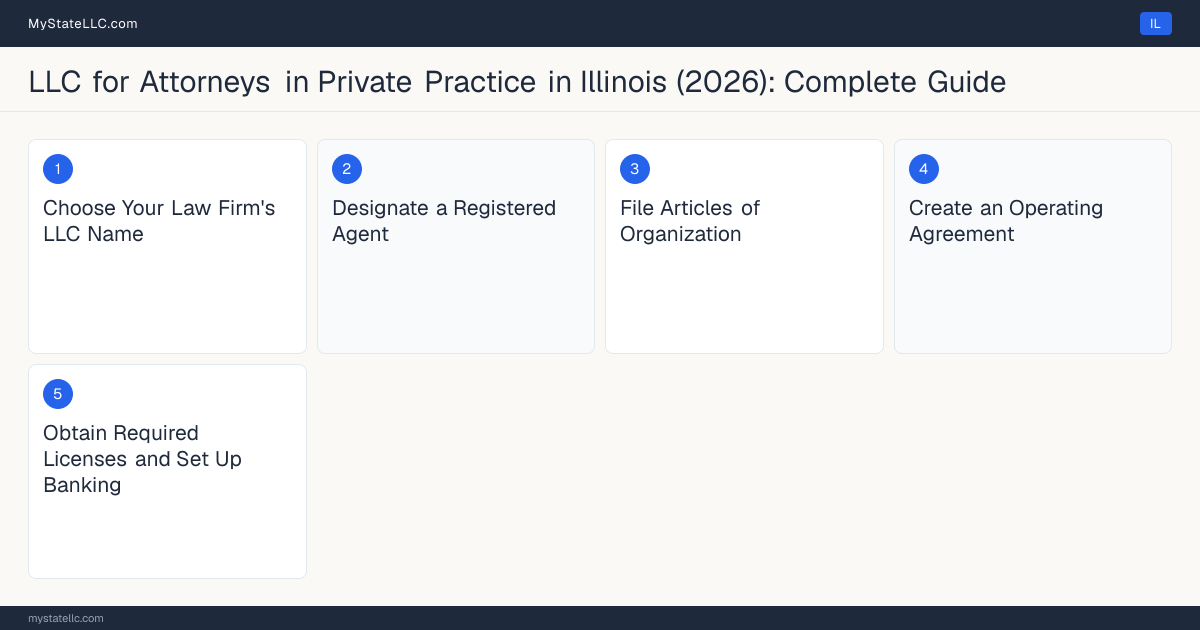 Step diagram for forming a professional LLC for Attorneys in Private Practice in Illinois, showing each formation step and the Illinois Bar License (Bar Admission) the state requires first.