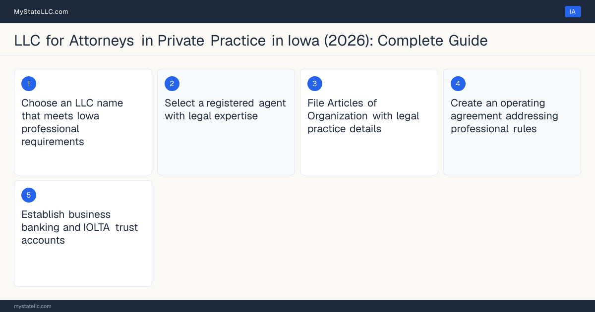 Step diagram for forming a professional LLC for Attorneys in Private Practice in Iowa, showing each formation step and the Iowa Bar License (Bar Admission) the state requires first.