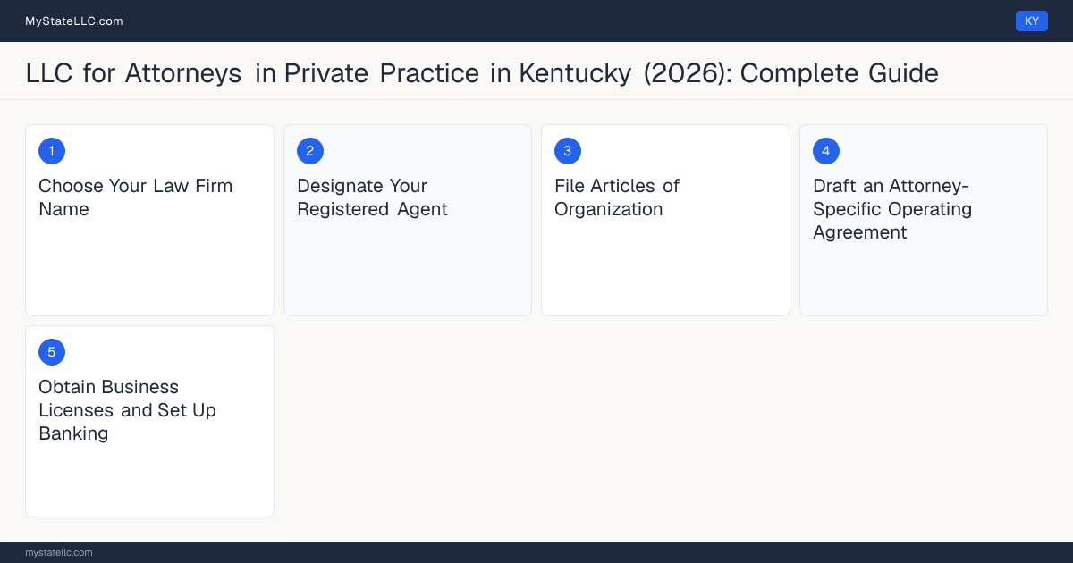 Step diagram for forming a professional LLC for Attorneys in Private Practice in Kentucky, showing each formation step and the Kentucky Bar License (Bar Admission) the state requires first.