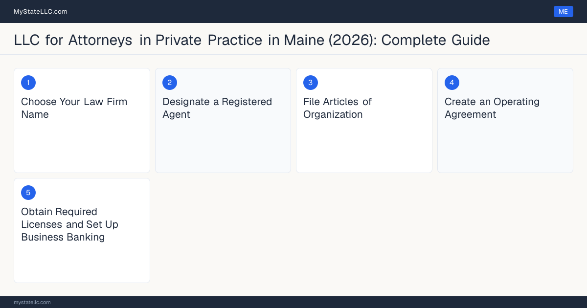 Step diagram for forming a professional LLC for Attorneys in Private Practice in Maine, showing each formation step and the Maine Bar License (Bar Admission) the state requires first.