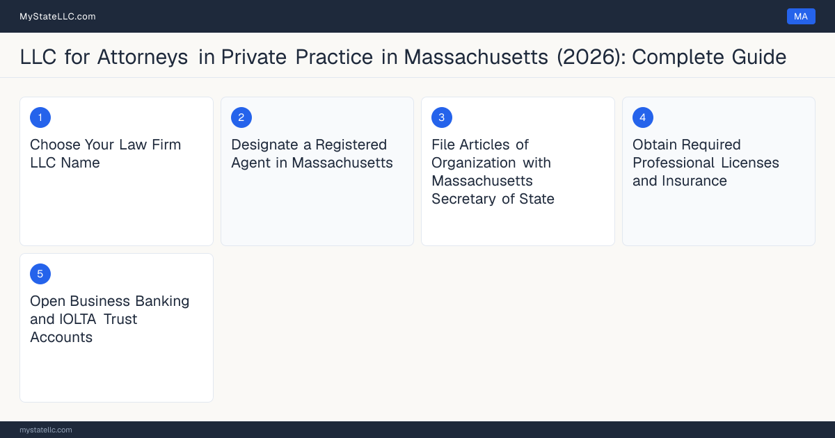 Step diagram for forming a professional LLC for Attorneys in Private Practice in Massachusetts, showing each formation step and the Massachusetts Bar License (Bar Admission) the state requires first.