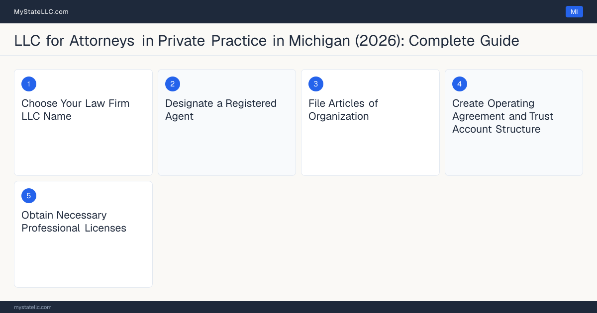 Step diagram for forming a professional LLC for Attorneys in Private Practice in Michigan, showing each formation step and the Michigan Bar License (Bar Admission) the state requires first.