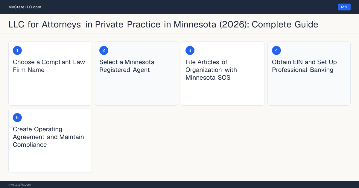 Step diagram for forming a professional LLC for Attorneys in Private Practice in Minnesota, showing each formation step and the Minnesota Bar License (Bar Admission) the state requires first.