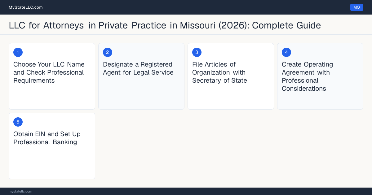 Step diagram for forming a professional LLC for Attorneys in Private Practice in Missouri, showing each formation step and the Missouri Bar License (Bar Admission) the state requires first.