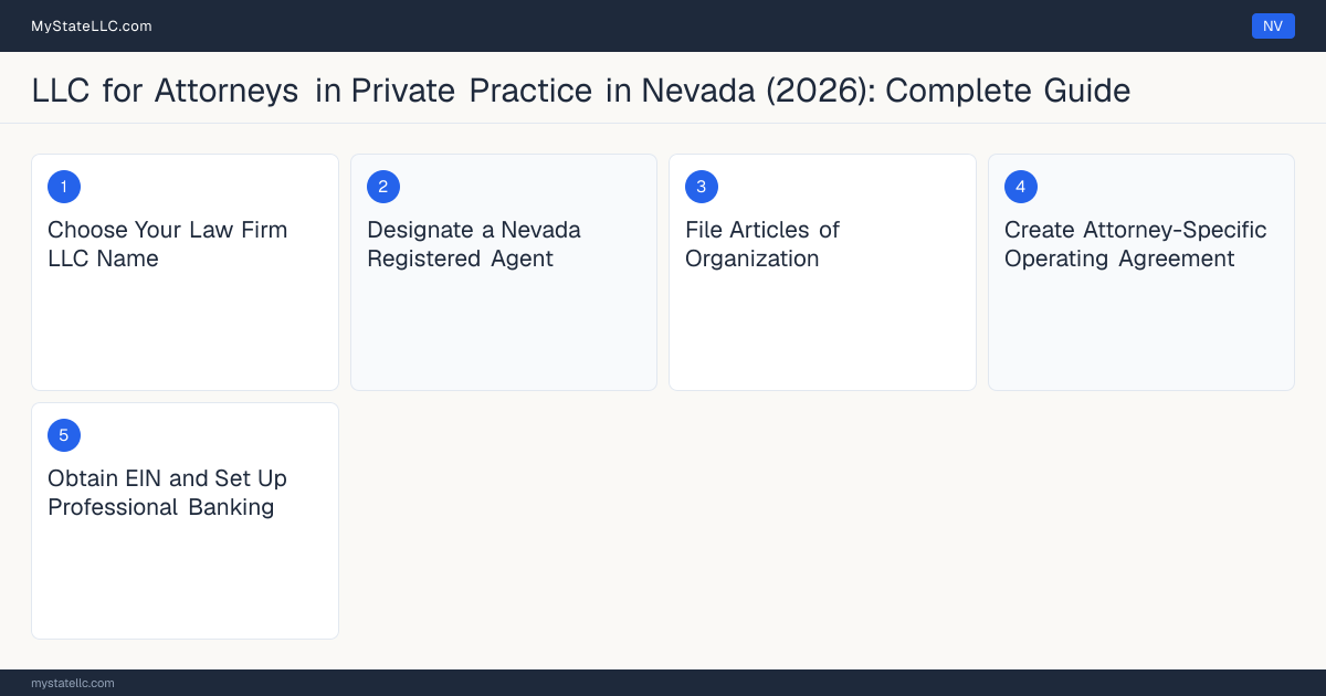 Step diagram for forming a professional LLC for Attorneys in Private Practice in Nevada, showing each formation step and the Nevada Law License (Bar Admission) the state requires first.