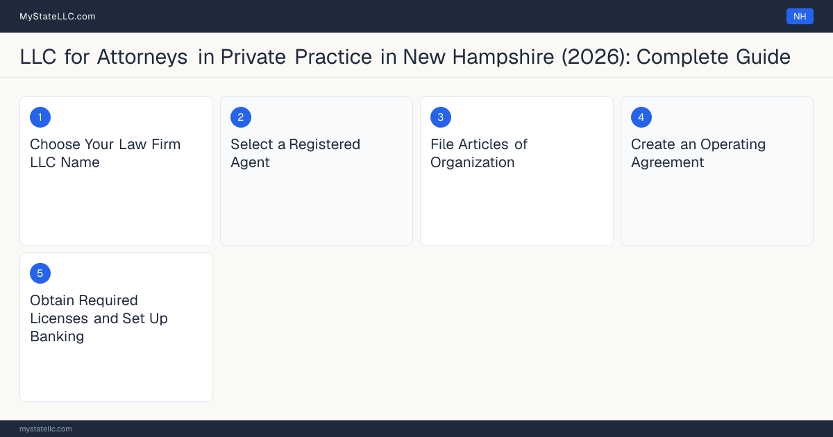 Step diagram for forming a professional LLC for Attorneys in Private Practice in New Hampshire, showing each formation step and the New Hampshire Law License (Bar Admission) the state requires first.