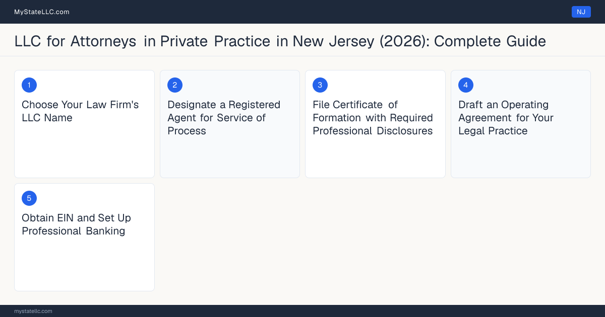 Step diagram for forming a professional LLC for Attorneys in Private Practice in New Jersey, showing each formation step and the New Jersey Law License (Bar Admission) the state requires first.