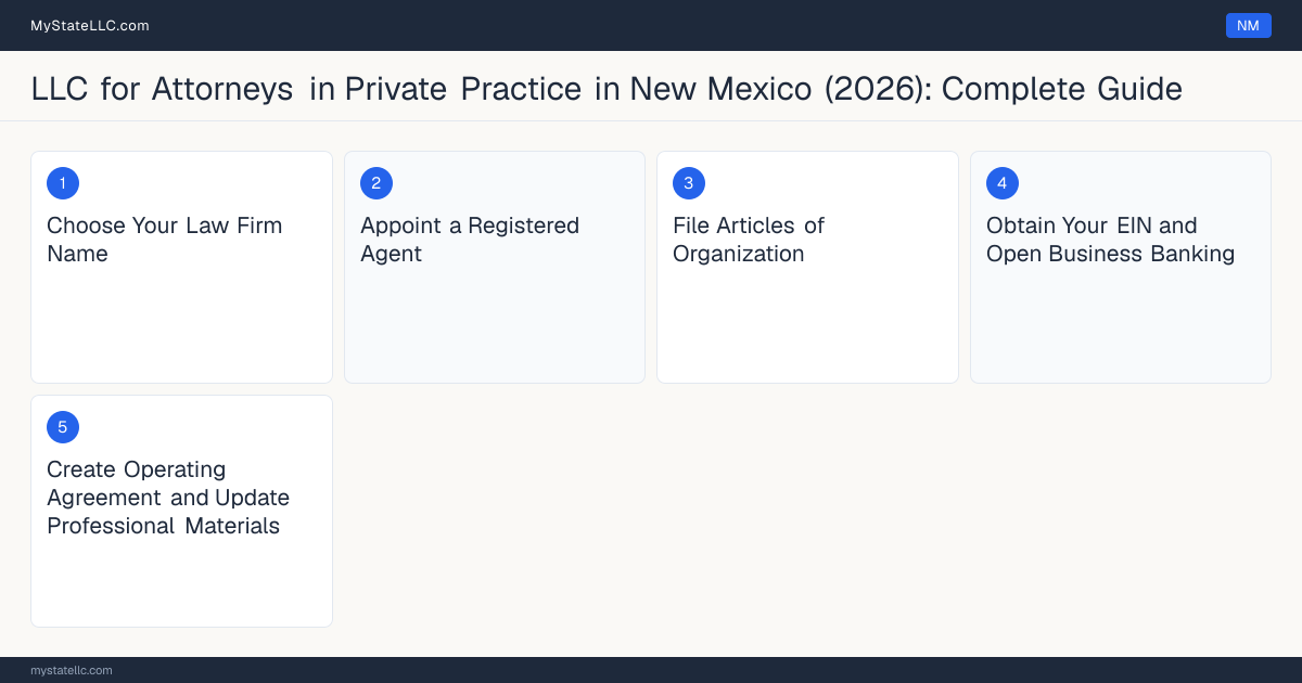 Step diagram for forming a professional LLC for Attorneys in Private Practice in New Mexico, showing each formation step and the New Mexico Law License (Bar Admission) the state requires first.