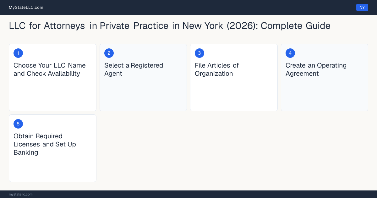 Step diagram for forming a professional LLC for Attorneys in Private Practice in New York, showing each formation step and the New York Law License (Admission to the Bar) the state requires first.