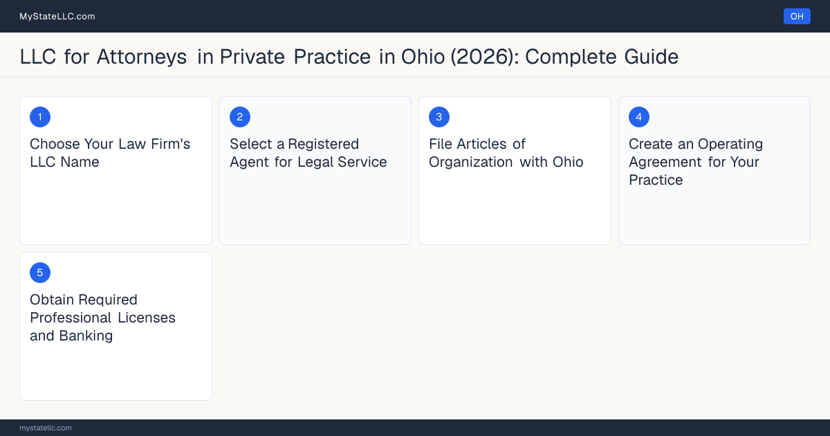 Step diagram for forming a professional LLC for Attorneys in Private Practice in Ohio, showing each formation step and the Ohio Law License (Certificate of Admission to the Bar) the state requires first.