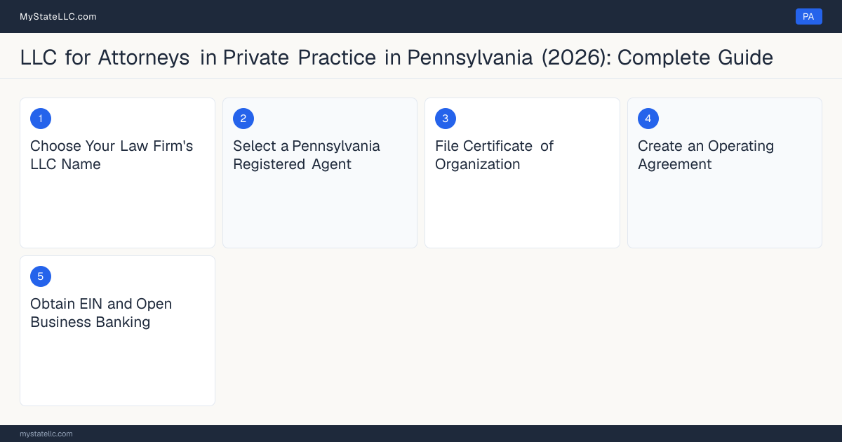 Step diagram for forming a professional LLC for Attorneys in Private Practice in Pennsylvania, showing each formation step and the Pennsylvania Law License (Bar Admission) the state requires first.