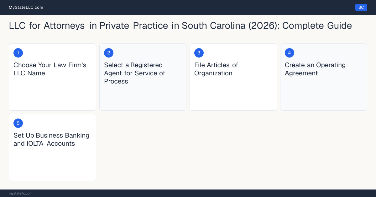 Step diagram for forming a professional LLC for Attorneys in Private Practice in South Carolina, showing each formation step and the South Carolina Law License (Bar Admission) the state requires first.