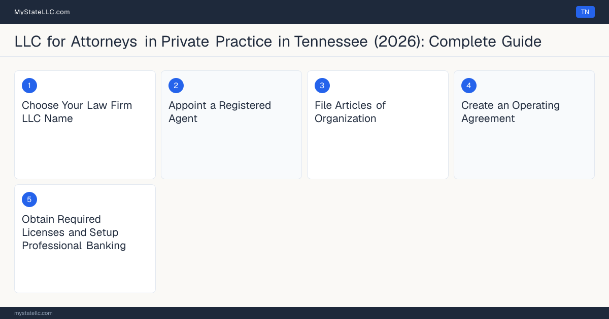 Step diagram for forming a professional LLC for Attorneys in Private Practice in Tennessee, showing each formation step and the Tennessee Law License (Bar Admission) the state requires first.