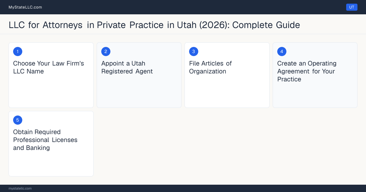 Step diagram for forming a professional LLC for Attorneys in Private Practice in Utah, showing each formation step and the Utah Law License (Bar Admission) the state requires first.