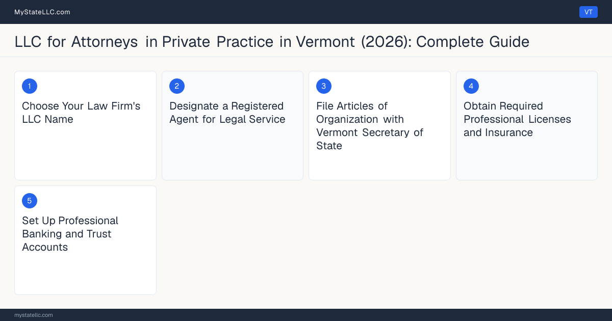 Step diagram for forming a professional LLC for Attorneys in Private Practice in Vermont, showing each formation step and the Vermont Law License (Bar Admission) the state requires first.