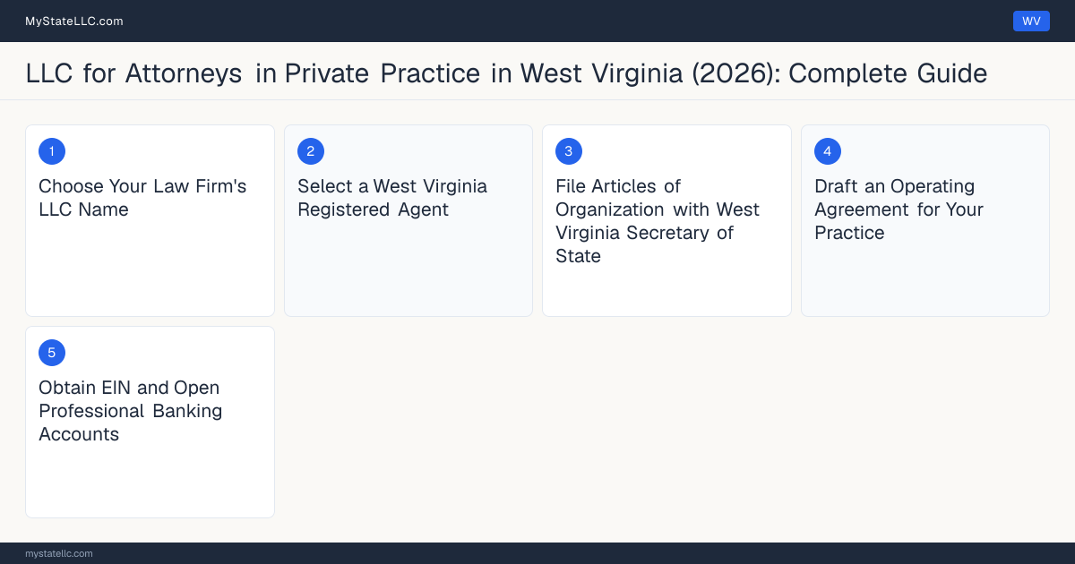 Step diagram for forming a professional LLC for Attorneys in Private Practice in West Virginia, showing each formation step and the West Virginia Law License (Bar Admission) the state requires first.