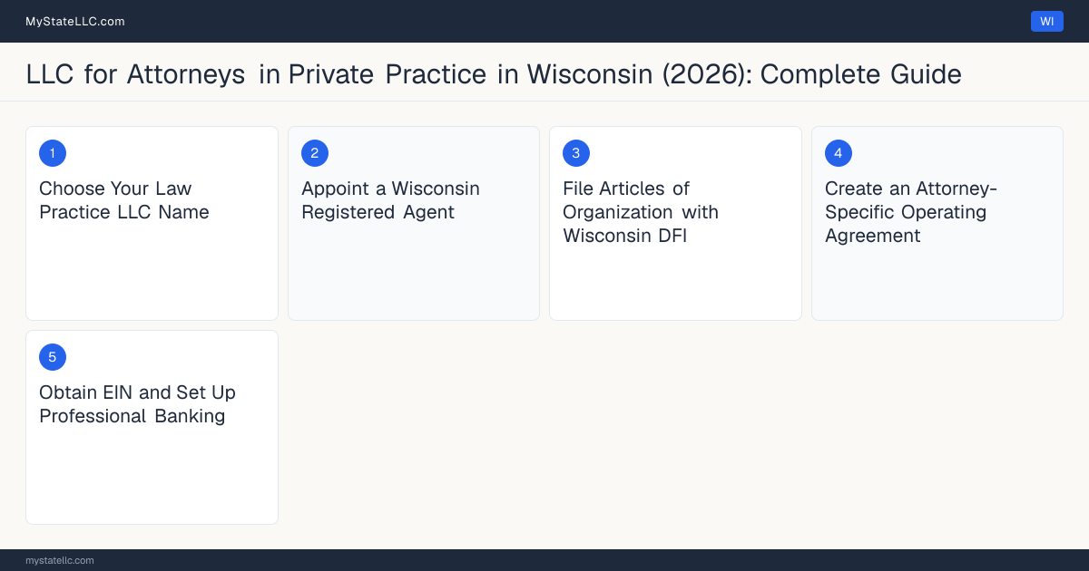 Step diagram for forming a professional LLC for Attorneys in Private Practice in Wisconsin, showing each formation step and the Wisconsin Law License (Bar Admission) the state requires first.