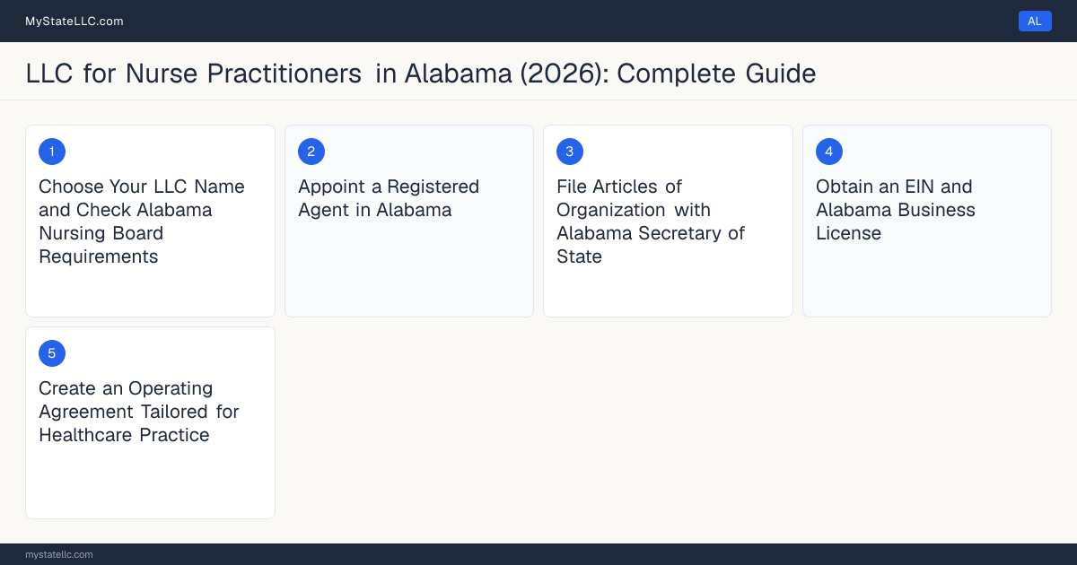Step diagram for forming a professional LLC for Nurse Practitioners in Alabama, showing each formation step and the Advanced Practice Registered Nurse (APRN) Certificate the state requires first.