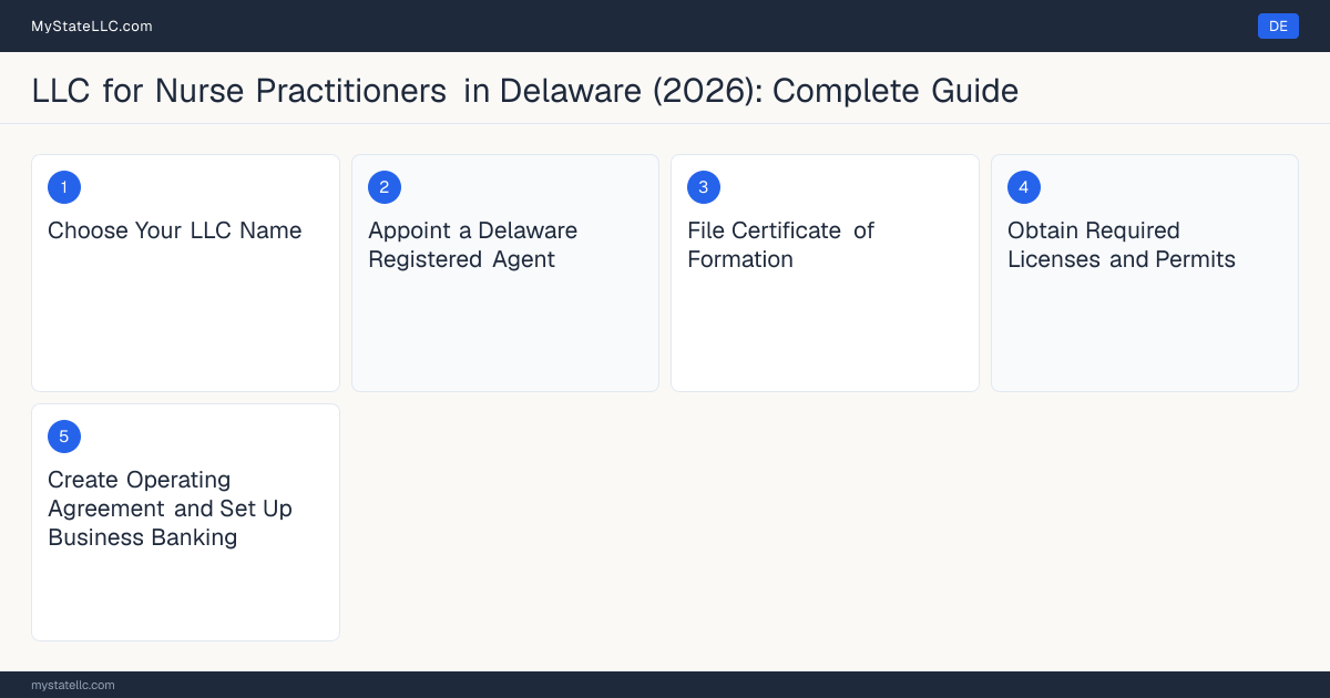 Step diagram for forming a professional LLC for Nurse Practitioners in Delaware, showing each formation step and the Advanced Practice Registered Nurse (APRN) License the state requires first.