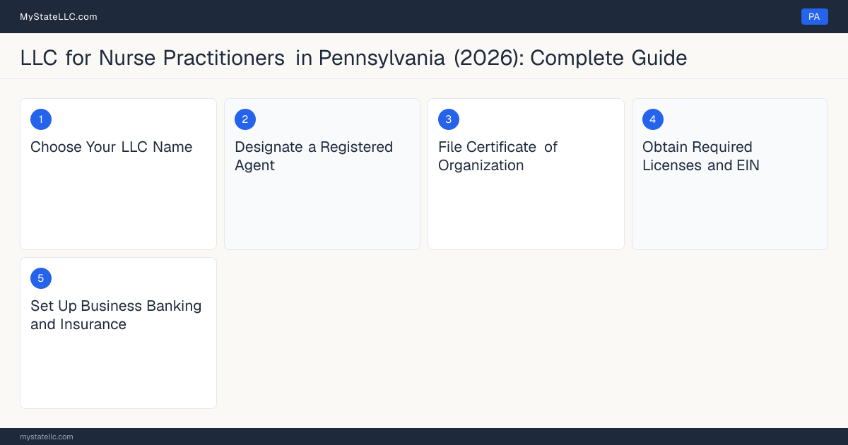 Step diagram for forming a professional LLC for Nurse Practitioners in Pennsylvania, showing each formation step and the Certified Registered Nurse Practitioner (CRNP) Certifi… the state requires first.