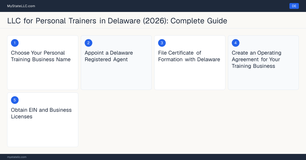 Step diagram for forming a professional LLC for Personal Trainers in Delaware, showing each formation step and the state licensing requirement.
