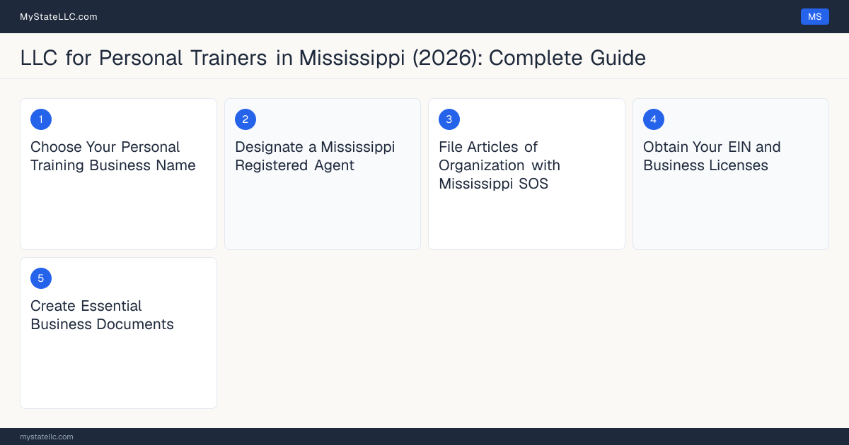Step diagram for forming a professional LLC for Personal Trainers in Mississippi, showing each formation step and the state licensing requirement.