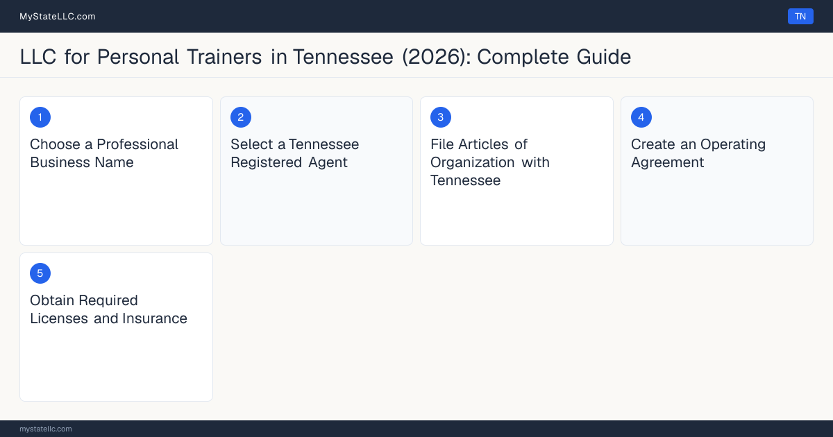 Step diagram for forming a professional LLC for Personal Trainers in Tennessee, showing each formation step and the state licensing requirement.