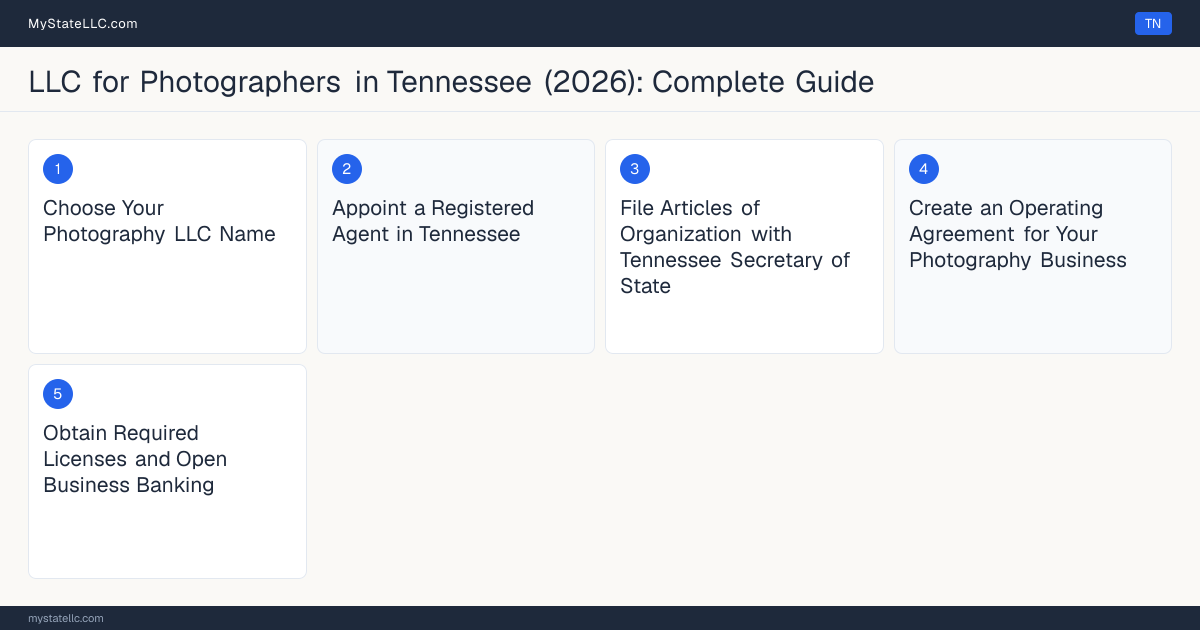 Step diagram for forming a professional LLC for Photographers in Tennessee, showing each formation step and the state licensing requirement.