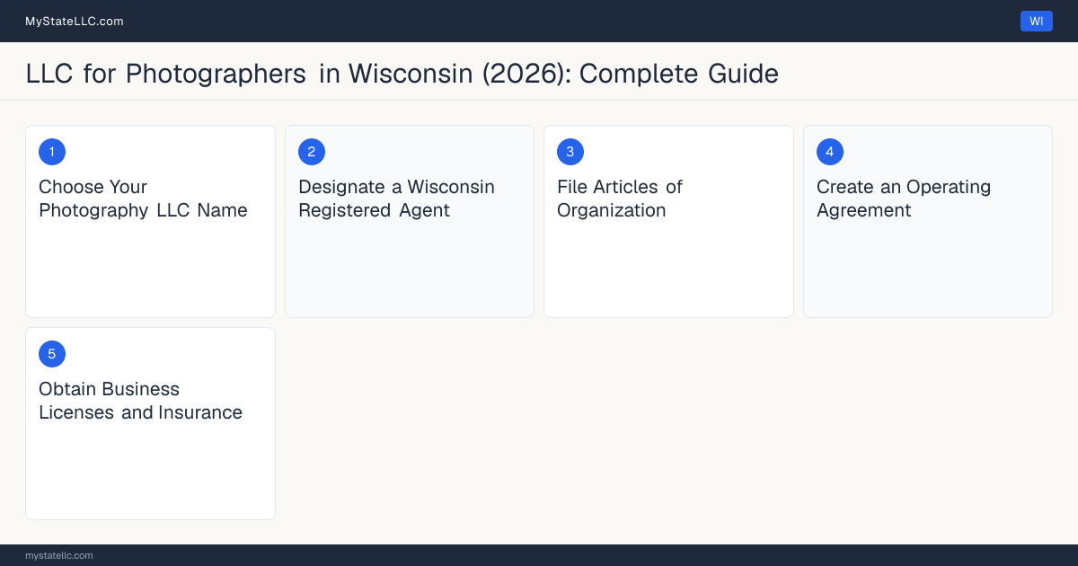 Step diagram for forming a professional LLC for Photographers in Wisconsin, showing each formation step and the state licensing requirement.