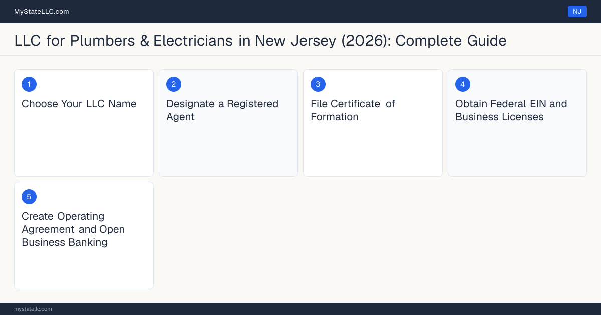 Step diagram for forming a professional LLC for Plumbers & Electricians in New Jersey, showing each formation step and the New Jersey Master Plumber License the state requires first.