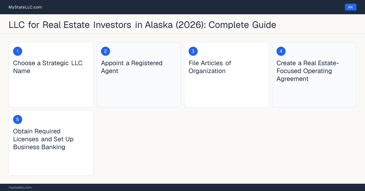 Step diagram for forming a professional LLC for Real Estate Investors in Alaska, showing each formation step and the state licensing requirement.