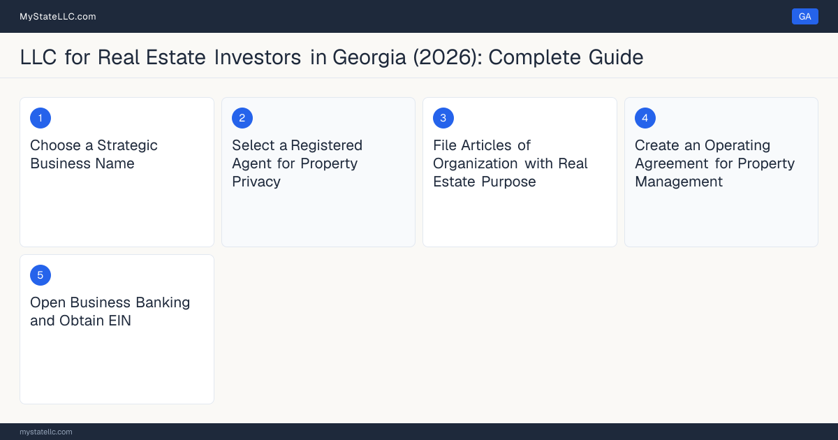 Step diagram for forming a professional LLC for Real Estate Investors in Georgia, showing each formation step and the state licensing requirement.