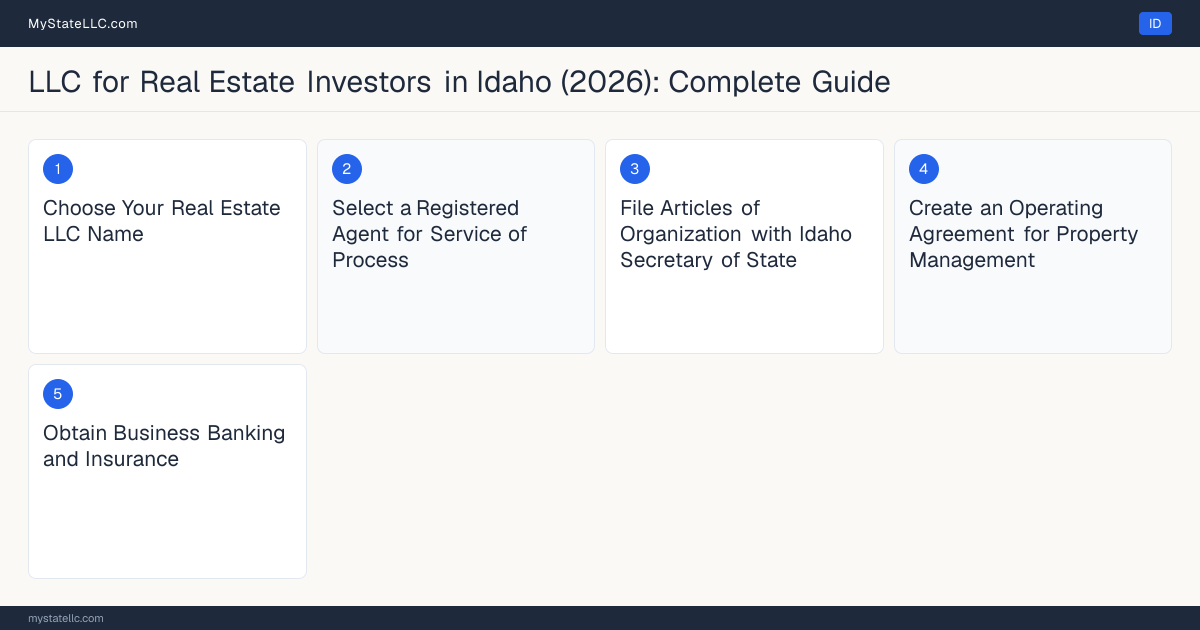 Step diagram for forming a professional LLC for Real Estate Investors in Idaho, showing each formation step and the state licensing requirement.