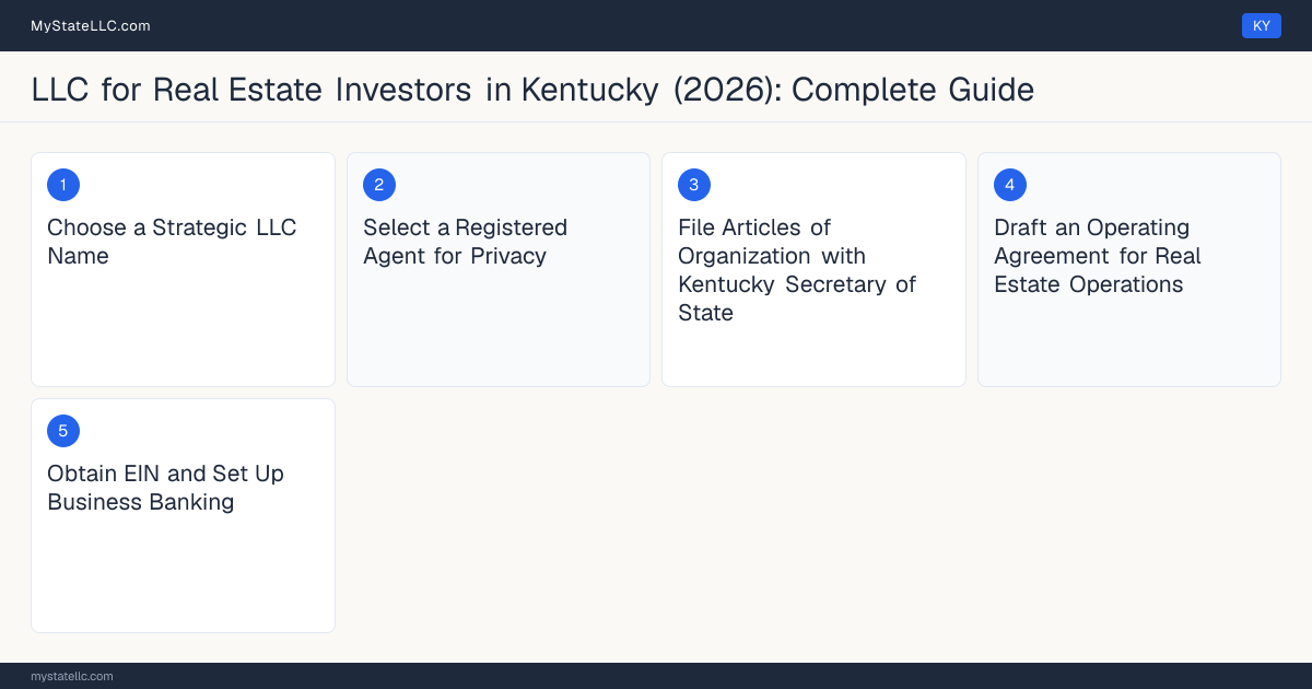 Step diagram for forming a professional LLC for Real Estate Investors in Kentucky, showing each formation step and the state licensing requirement.