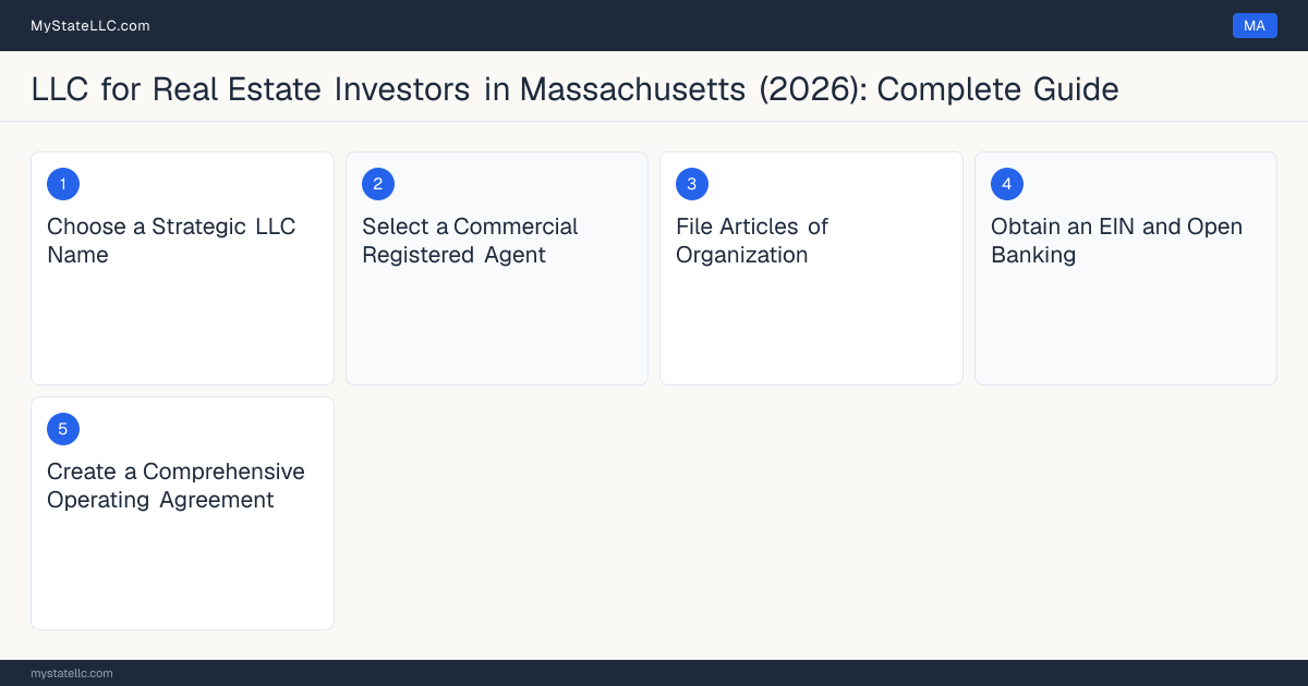 Step diagram for forming a professional LLC for Real Estate Investors in Massachusetts, showing each formation step and the state licensing requirement.