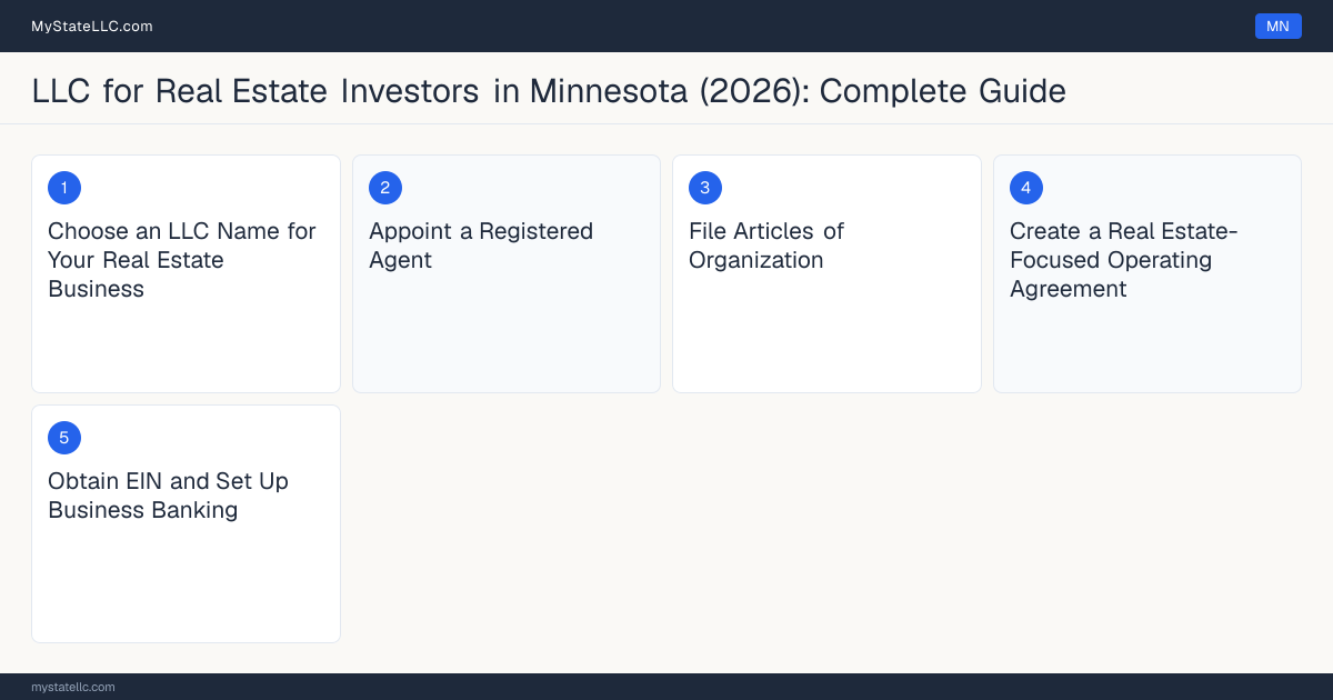 Step diagram for forming a professional LLC for Real Estate Investors in Minnesota, showing each formation step and the state licensing requirement.