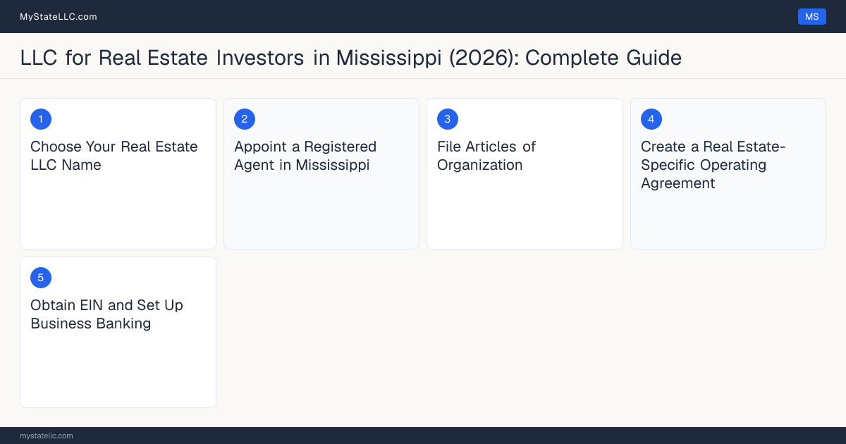 Step diagram for forming a professional LLC for Real Estate Investors in Mississippi, showing each formation step and the state licensing requirement.