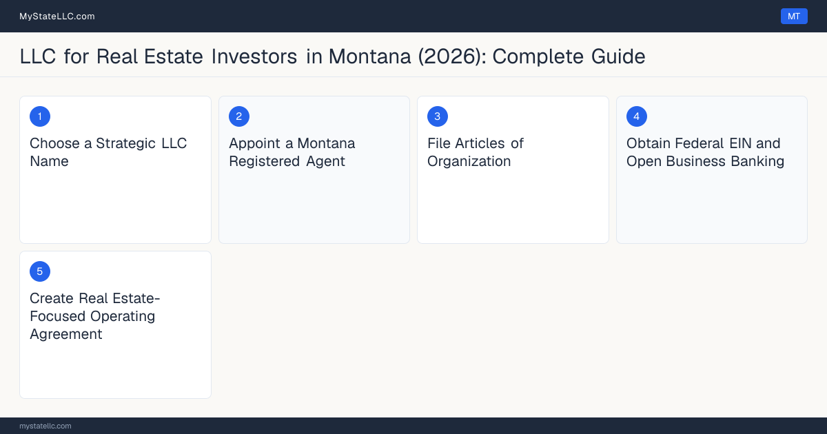 Step diagram for forming a professional LLC for Real Estate Investors in Montana, showing each formation step and the state licensing requirement.