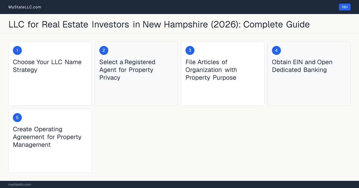 Step diagram for forming a professional LLC for Real Estate Investors in New Hampshire, showing each formation step and the state licensing requirement.