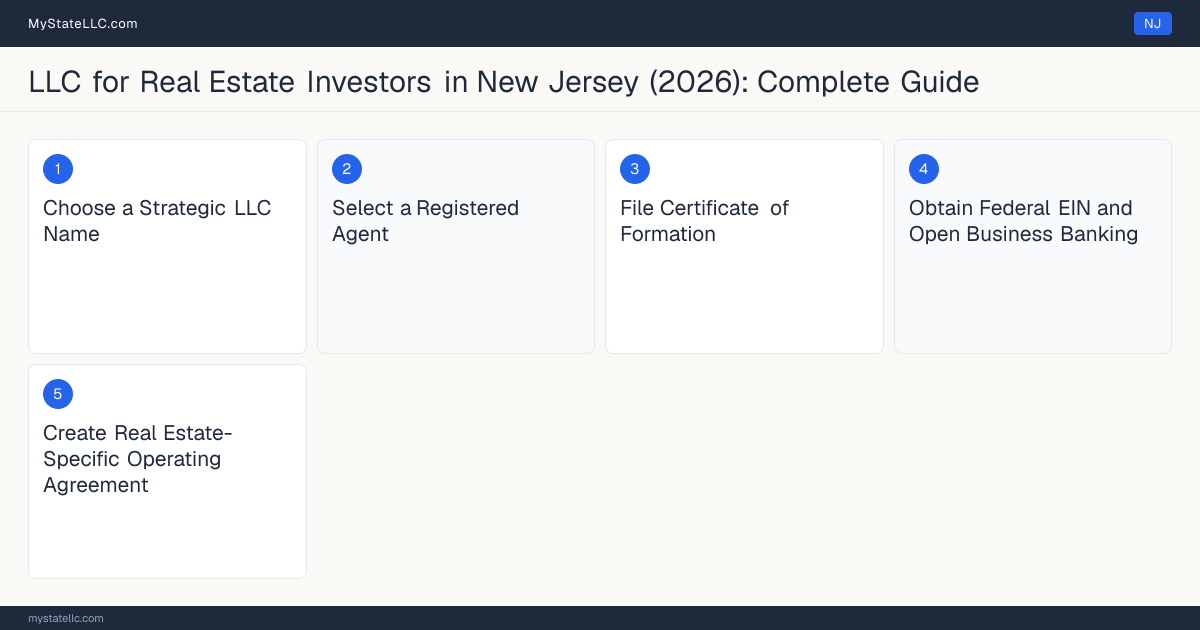 Step diagram for forming a professional LLC for Real Estate Investors in New Jersey, showing each formation step and the state licensing requirement.