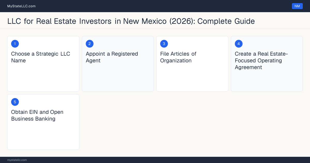 Step diagram for forming a professional LLC for Real Estate Investors in New Mexico, showing each formation step and the state licensing requirement.