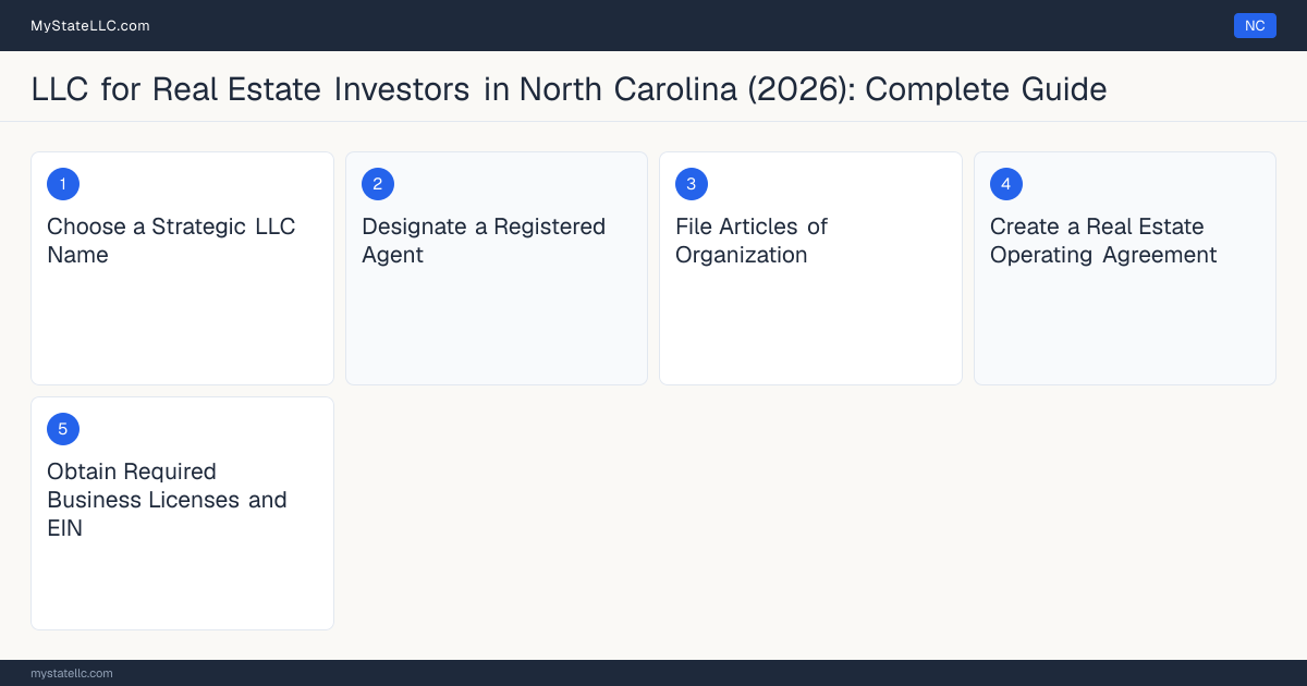 Step diagram for forming a professional LLC for Real Estate Investors in North Carolina, showing each formation step and the state licensing requirement.