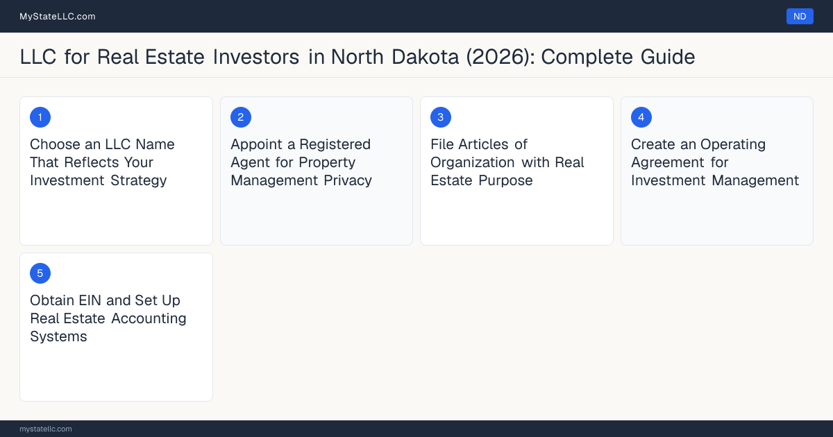 Step diagram for forming a professional LLC for Real Estate Investors in North Dakota, showing each formation step and the state licensing requirement.